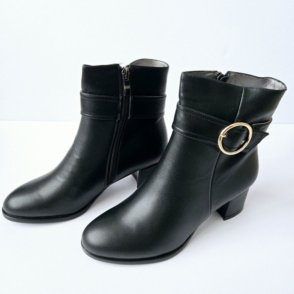 Numaleo Womens Size 7 Pointed Toe Boot Ankle Booties Gold Buckle Faux Leather